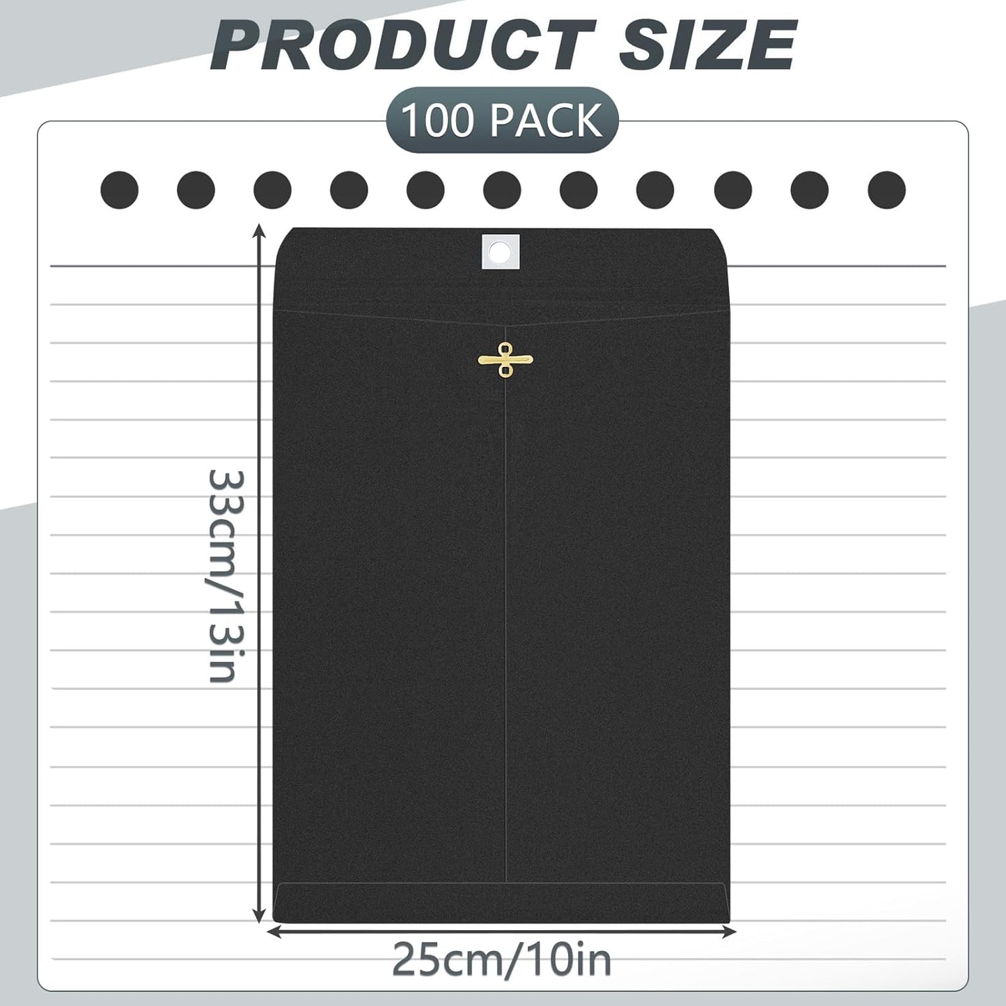 Geyee 100 Pcs Clasp Manilla Envelopes 10 x 13 Inch Gummed Colored Envelopes for Storing or Mailing for Home Office Business Supplies(Black)