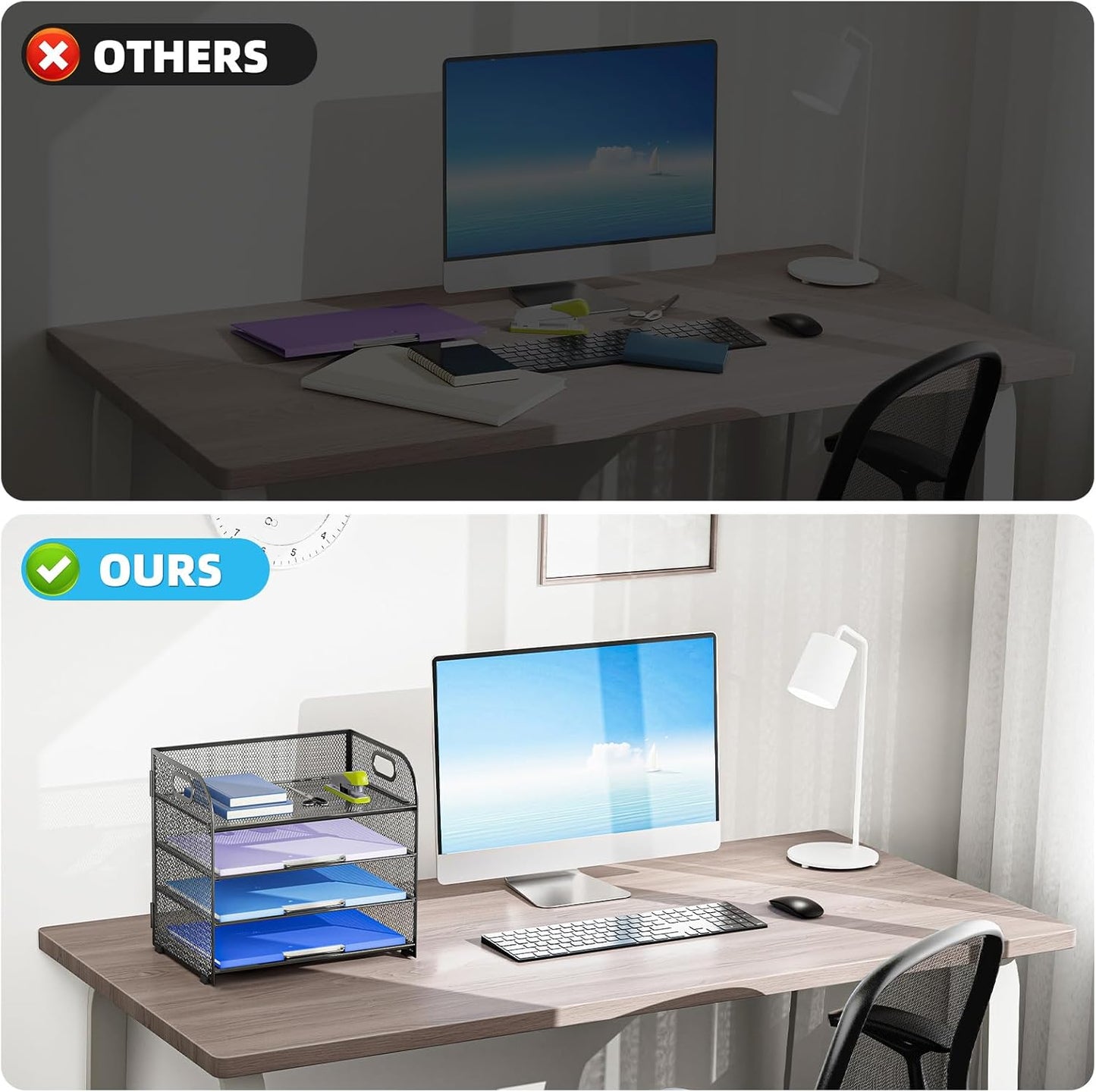 Marbrasse 4 Tier Paper Organizer Letter Tray - Mesh Desk File Organizer with Handle, Paper Sorter Organizer for Letter Office File Folder Holder (Grey, 12.6" x 9.1" x 10.7")