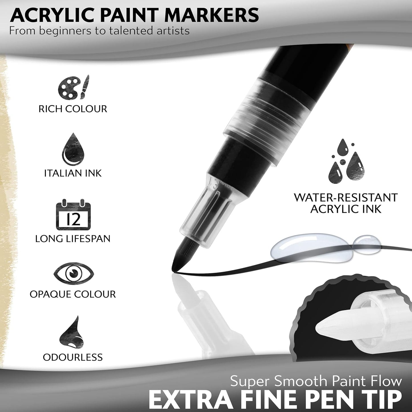 Stylo 8 Count Acrylic Metallic Pens - Black Paint Pens - Fine Tip Permanent Acrylic Metallic Paint Markers for Rock Painting, Glass, Wood, Ideal for Arts and Crafts (Pack of 8, Black)