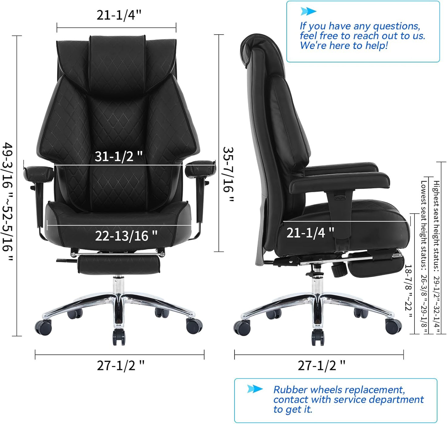 Big and Tall Office Chair with Footrest, PU Leather High Back Executive Office Chair 400lbs, Ergonomic Computer Chairs Lumbar Support for Heavy People (All Black)