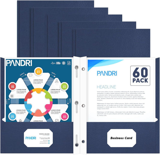 Two Pocket Folders, PANDRI 60 Pack Two Pocket Folders with Prongs, 3 Prong Folders Designed for Office and Classroom, Letter Size Darkblue