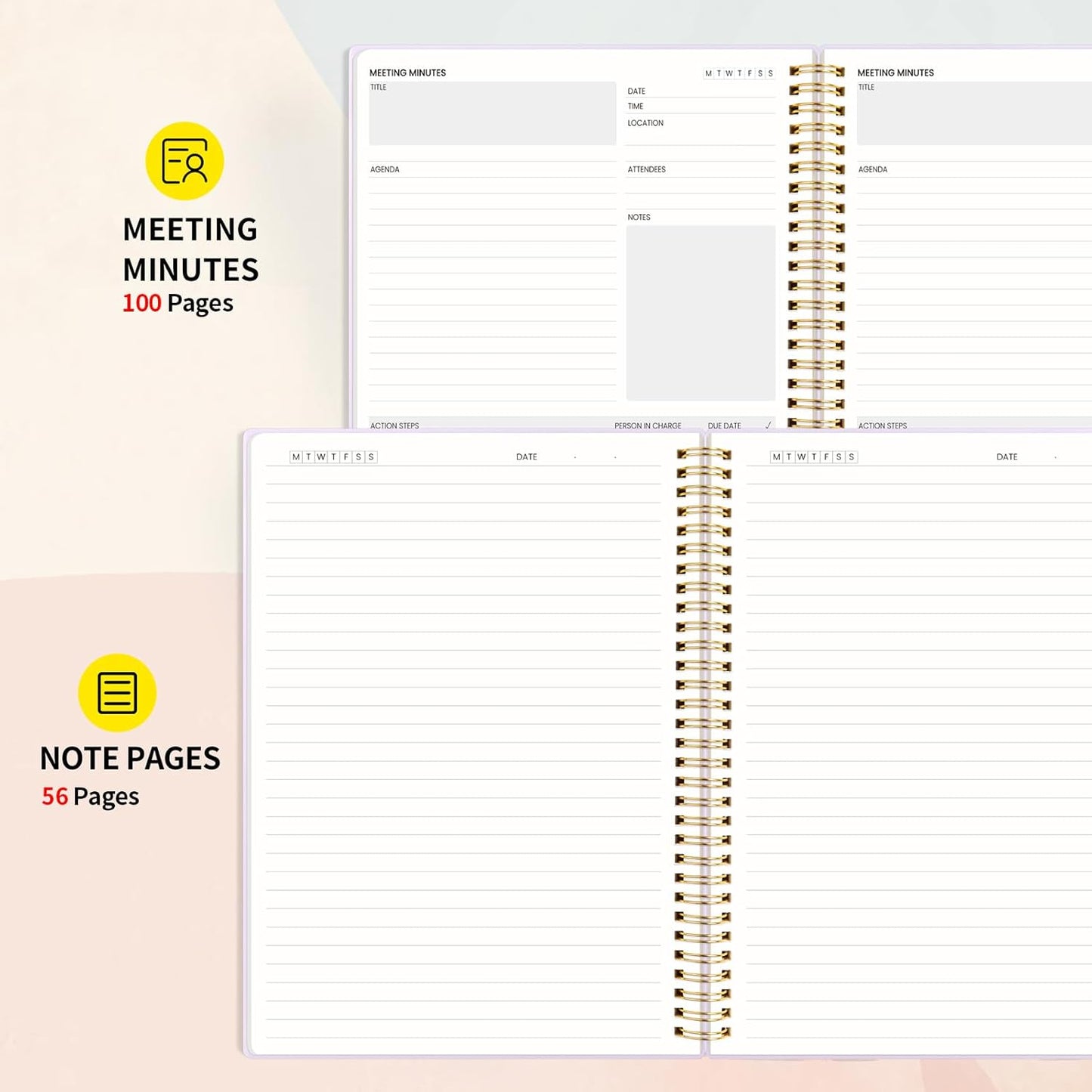 SUNEE Meeting Notebook for Work with Action Items - 160 Pages, A4 Size Project Planner, Spiral Meeting Agenda/Minutes Notebook Organizer for Women Men, Note Taking, Office & Business, 8.5"x11", Purple