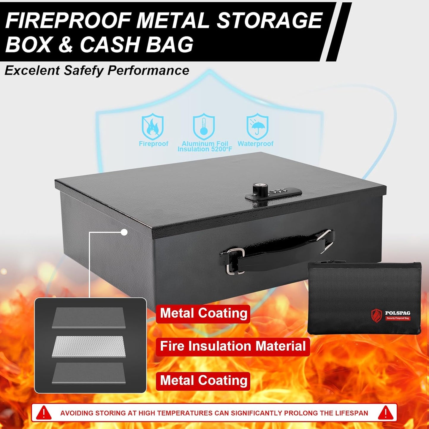 Fireproof Document Box with Key Lock & Fireproof Money Bag,Fire Safe Box for Valuables,Fire Resistance Security Chest,Fireproof Box for Documents,Passport Extra Large (Black-Combination, Large)