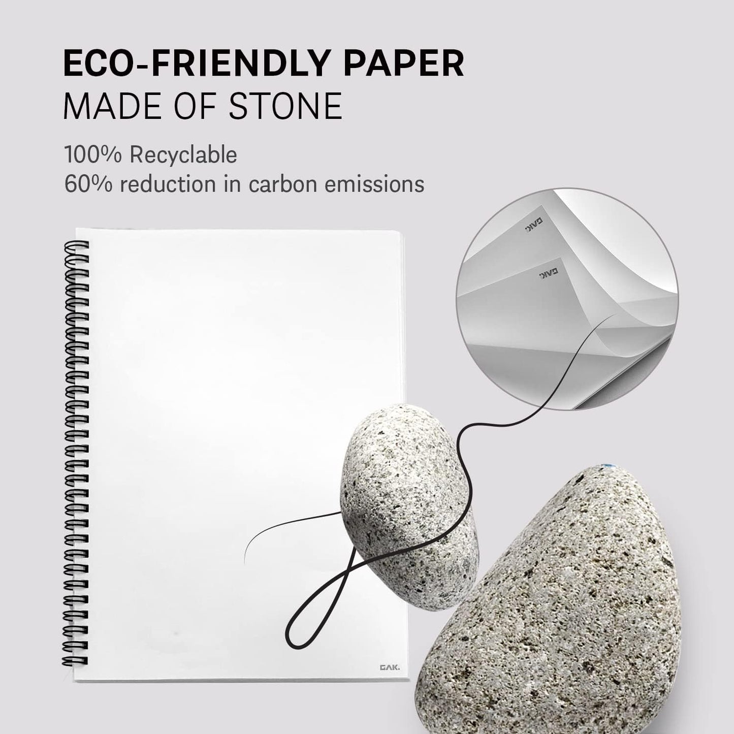 GAK. Stone Paper Notebook | No Lines Spiral Notebook Waterproof Sheet Aesthetic Journal for Note Taking | Notebooks for Work & Aesthetic School Supplies | Medium Size, Black (5.8”x8.3”, 50 sheets)