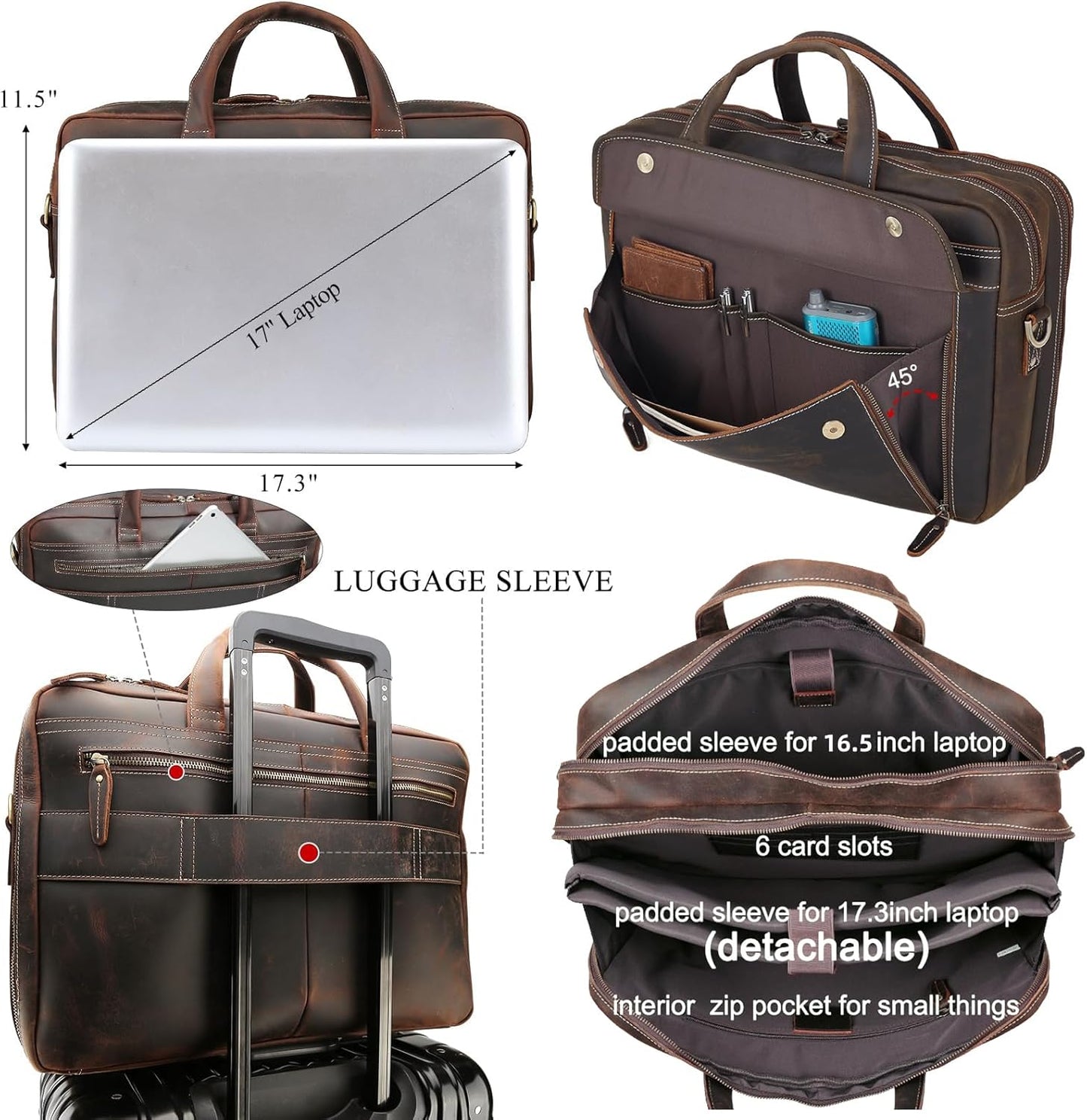 Masa Kawa Leather Briefcase for Men 15.6" - 17" Laptop Computer Case Business Travel Work Messenger Cross Body Shoulder Bag