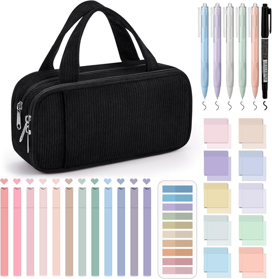 Jutom 39 Pcs Aesthetic Book Annotation Kit Highlighter with Pencil Case Bag Gel Pen Transparent Sticky Note Taking Bible Study College School Supplies(Black,Classic Style)