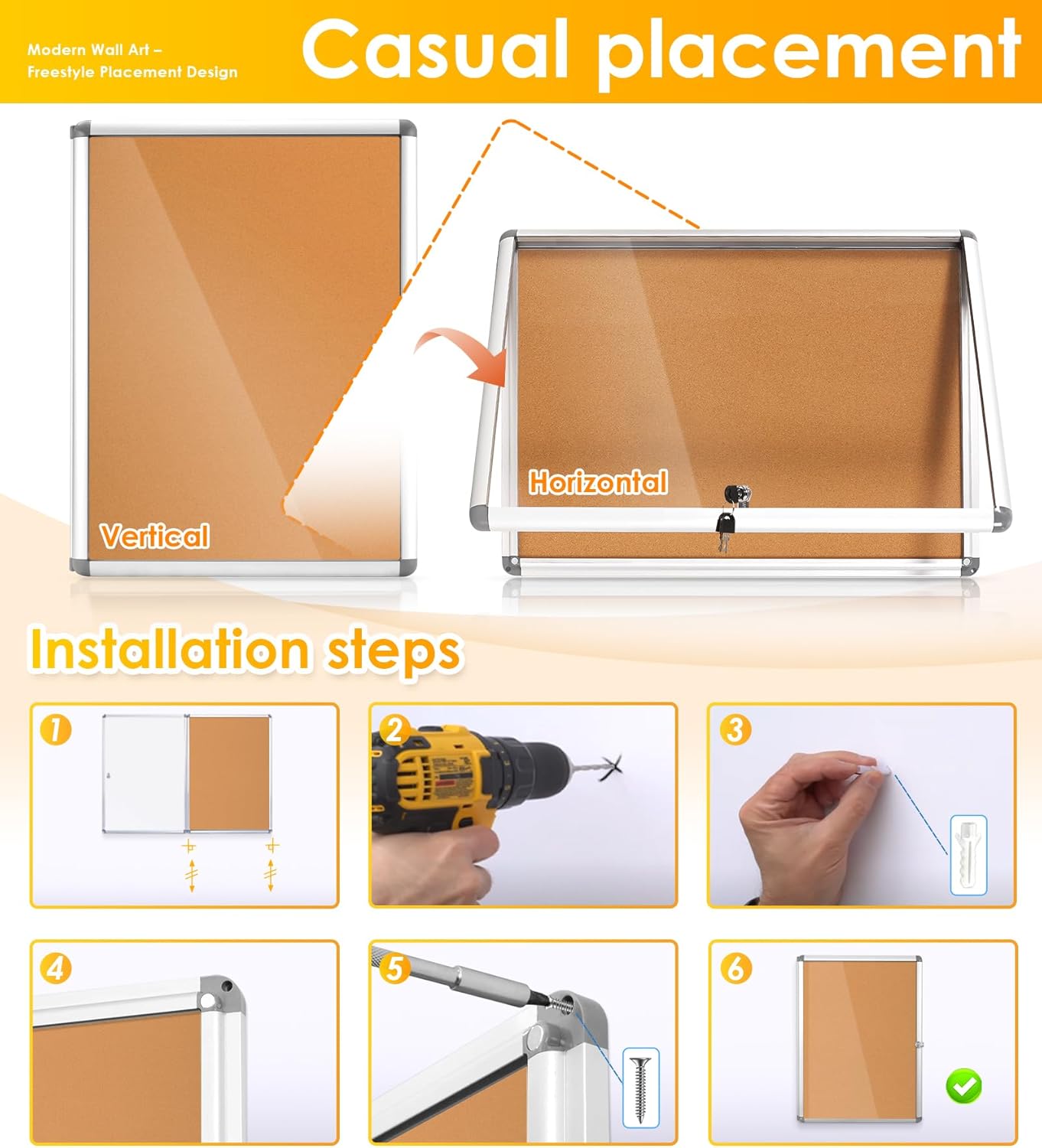 S SWANCROWN Enclosed Bulletin Board 24x18 in, Tamperproof Lockable Cork Board Wall Display Case for Office School Home, Aluminum Frame