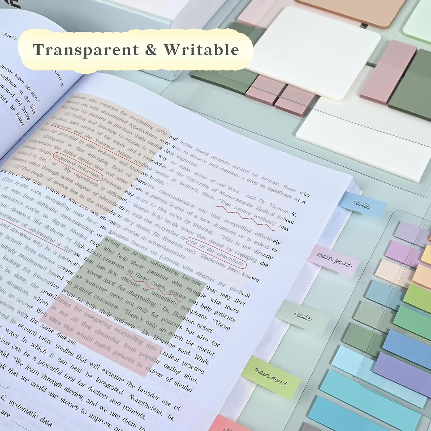 Temiary 1000 Sheets Transparent Arc-Angle Sticky Notes 3 x 3 inch, Clear Sticky Note Waterproof See Through Memo Pad, Translucent Writable Index Book Tabs for Annotating Supplies Office & School