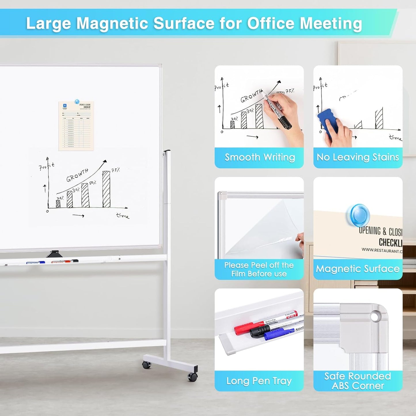 maxtek Rolling Whiteboard 72x48, Large Double-Sided White Board Dry Erase on Wheels, Giant Magnetic White Board Standing for Office, School, Home Office, Homeschool (Sliver)