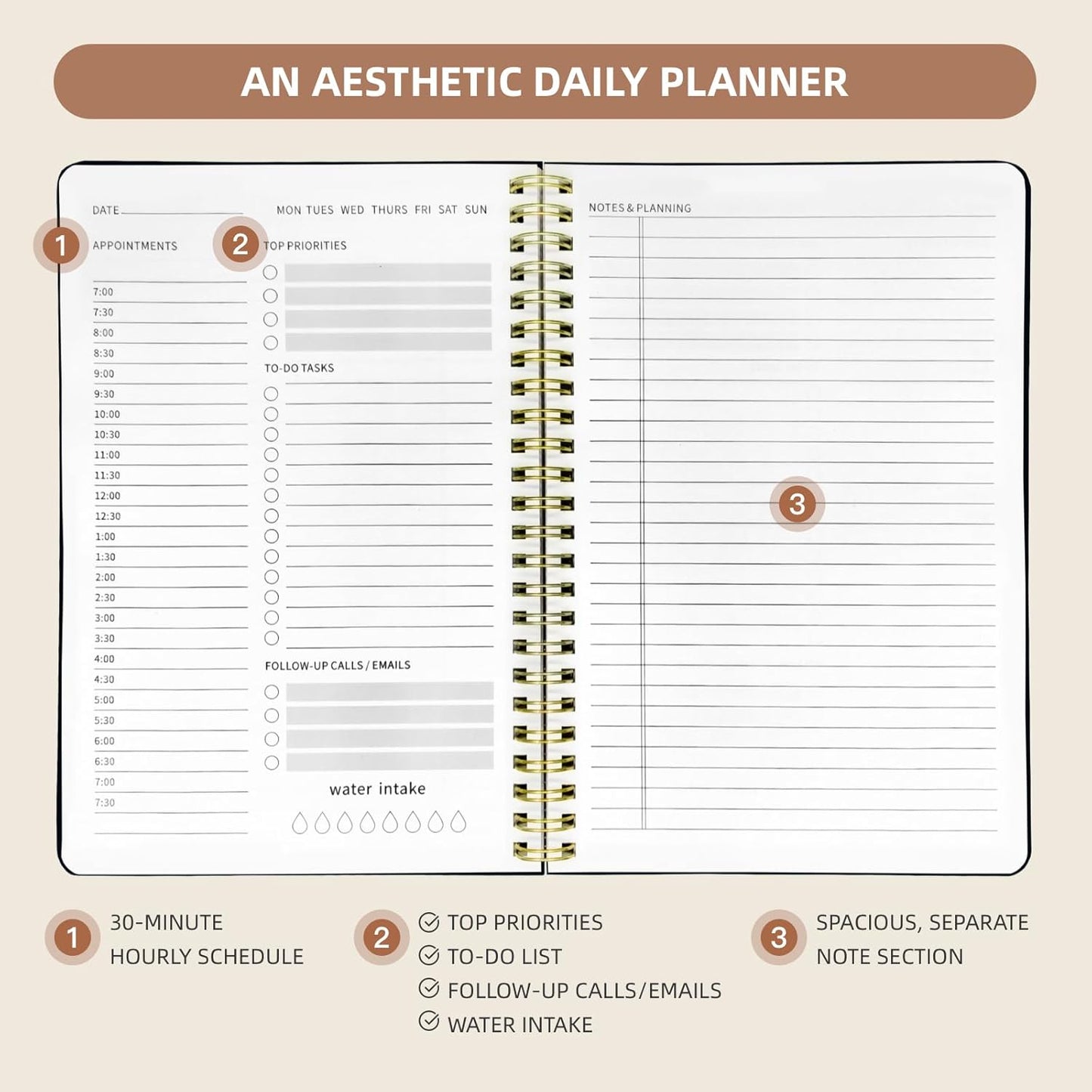 Undated Daily Planner - Spiral Notebook 80 Days One Day Per Page, Hourly Schedule, To-Do List, Notes, Everyday Planning Task, A5 Hardcover Journal Organizer Book Women Cute Aesthetic, Flower