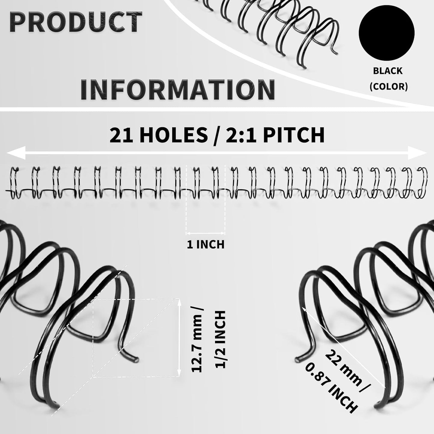 Rayson WR21127BK Wire Binding Spines, 2:1 Pitch Double Loop Binding Wires 1/2 Inch, 21-Loop Wire Ring Pack of 100 with Black