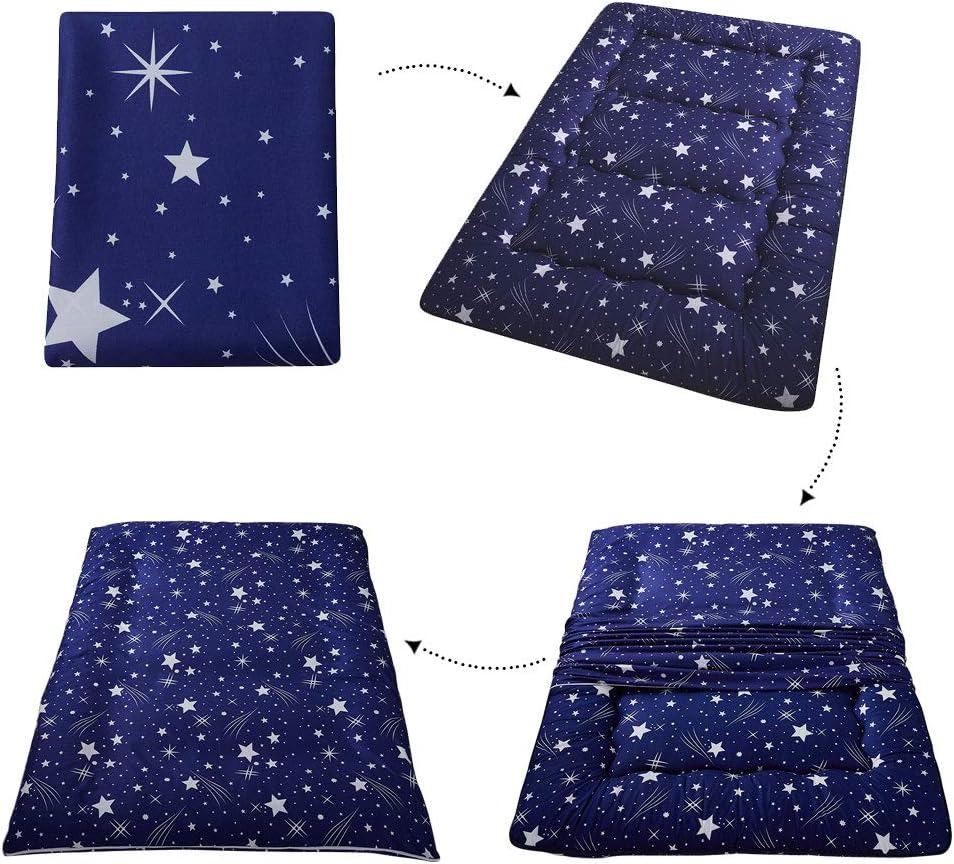 Navy Starry Sky Japanese Floor Futon Mattress, Tatami Mat Portable Camping Mattress Kids Sleeping Pad Foldable Roll Up Floor Lounger Couch Bed, King Size