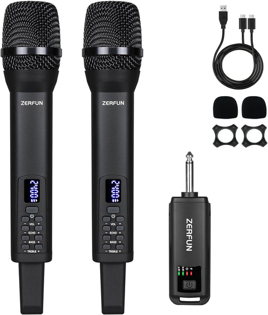 Rechargeable Wireless Microphones Dual, Pro Handheld Cordless Mics System Dynamic with Echo Treble BASS VOL Control for Karaoke Singing Church Party, 1/4'' Output, D240, Black