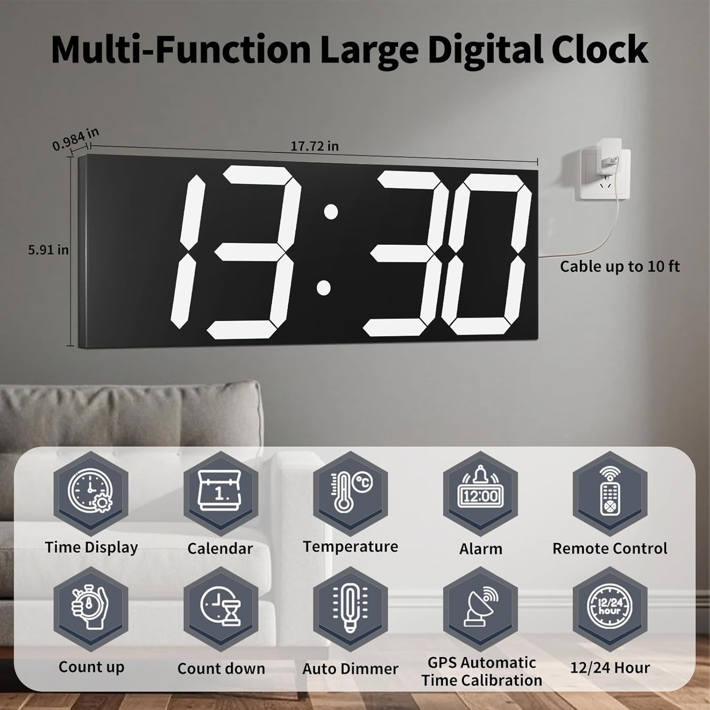 18.7'' Automic Digital Wall Clock, LED Digital Clock with Large Display, Multi-Function Wall Clock with Alarm and Timer, Auto Time Sync Clock with Adjustable Brigthness(White)