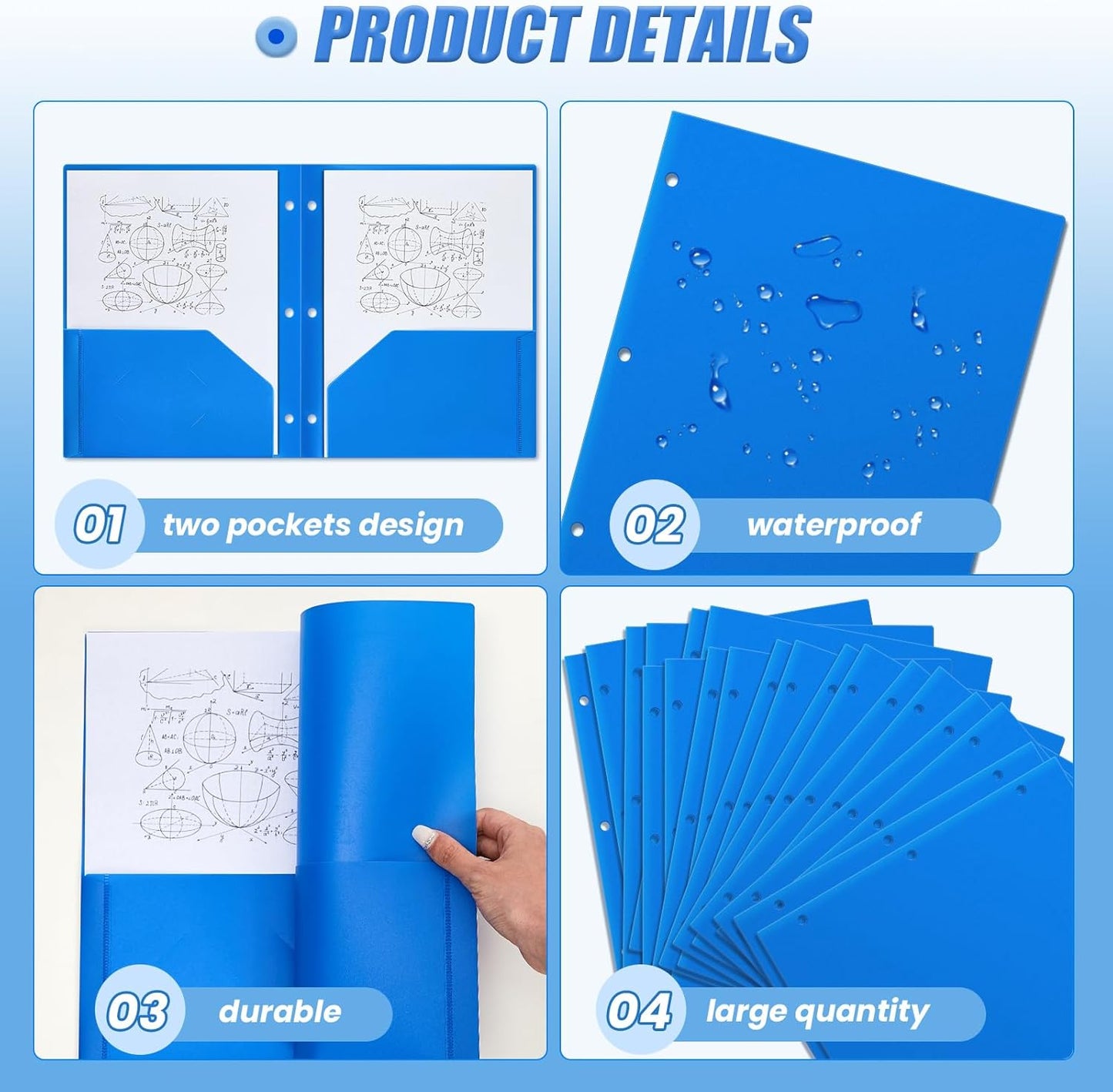 Yeaqee 50 Pcs Plastic Folders with Pockets Bulk 3 Hole Punched 2 Pocket File Folders for 3 Ring Binder Divider Folder for Notebooks, Durable Poly for Office Home (Blue)