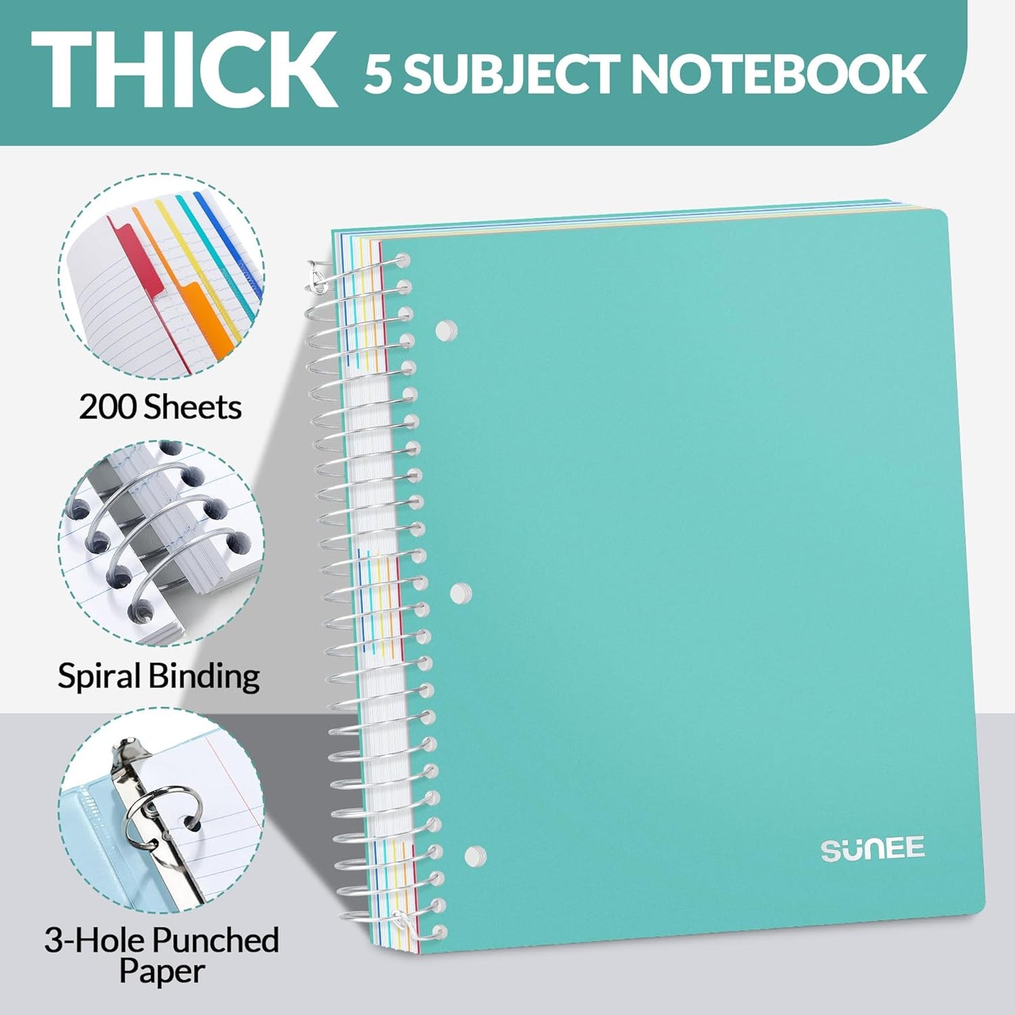 SUNEE 5 Subject Notebook College Ruled - 400 Pages, 9"x11", 5 Pocket Colored Dividers, 3-Hole Punched Paper, Teal