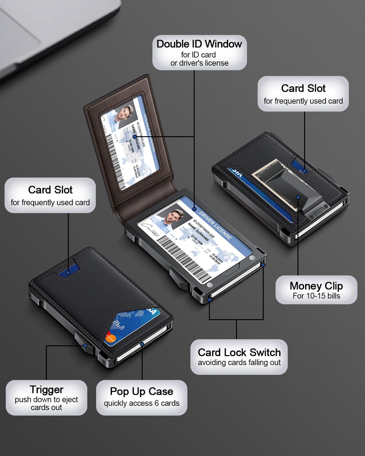 Wallet for Men RFID Wallet with 2 ID Windows & Money Clip, Slim Pop Up Card Holder for 10-12 Cards, Bifold Minimalist Smart Wallet for Front Pocket, Compact Metal Credit Card Holder, Gifts for Men