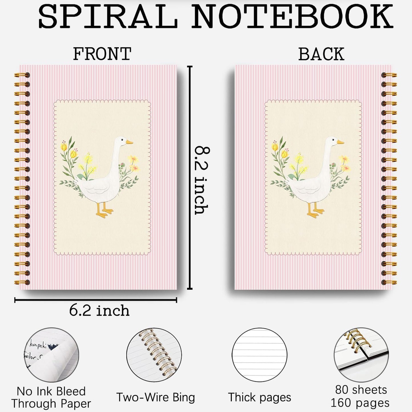 Pink Floral Goose Notebook, Cottagecore Botanical Goose Journal, Rustic Aesthetic Farm Animal Journal, Animal Lover Gifts Hardcover Spiral Notebooks 5.5x8.3 Inch