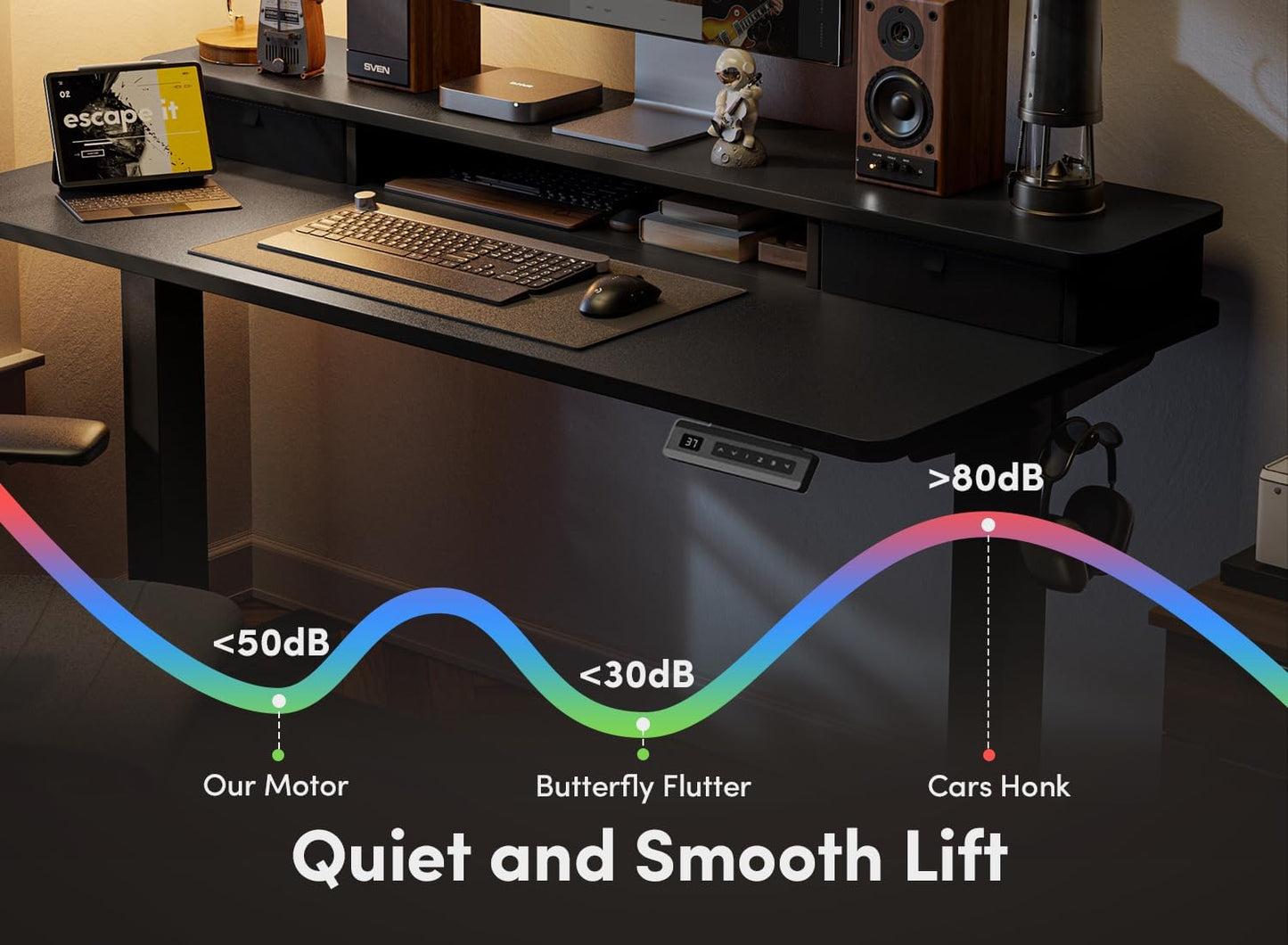 FEZIBO 48 x 24 Inch Height Adjustable Electric Standing Desk with Double Drawer, Computer Desk, Home Office Stand Up Table with 4 Height-Adjustable Feets & 2 Hooks, Black