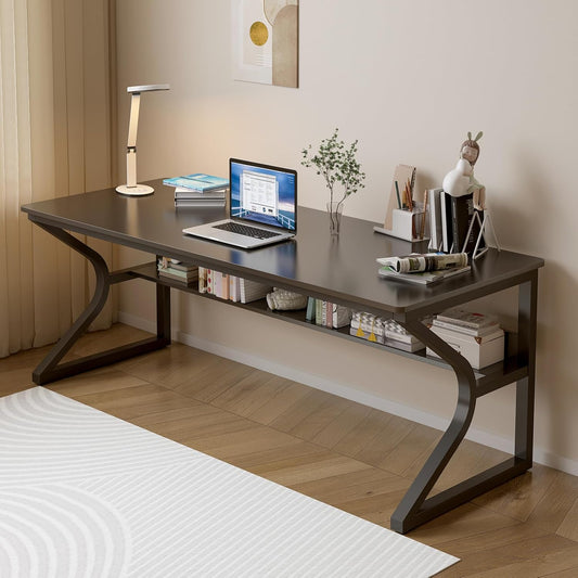Extra Long Desk with Bookshelf - 63" Double Long Writing Table for 2-Person Workstation, Modern Study Work Computer Desk for Home and Office, Black