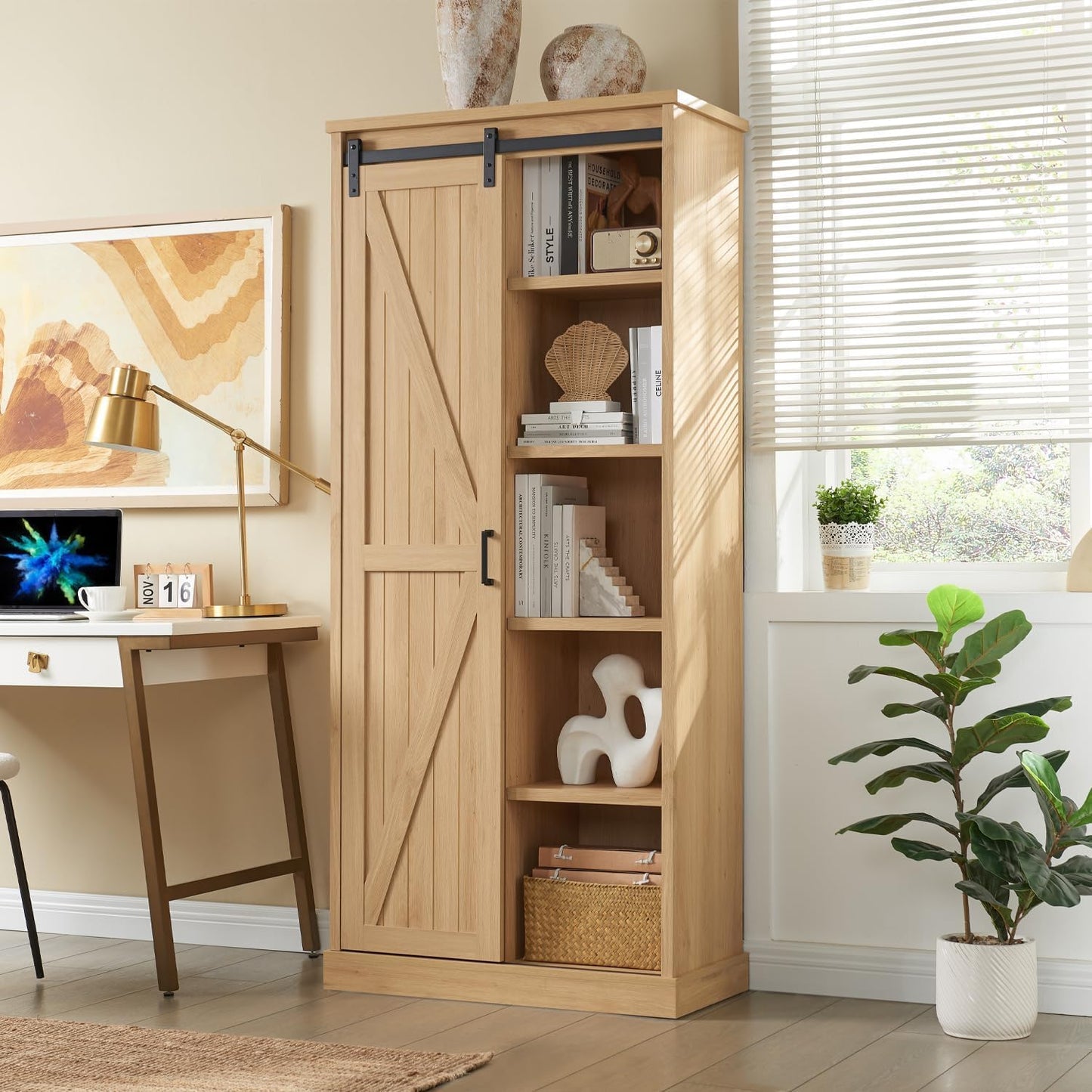 72” Tall Farmhouse Bookshelf, 32” Wide Large Wooden Bookcase w/Sliding Barn Door, 5-Tier Storage Cabinet with Adjustable Shelves, Modern Versatile Cabinet for Living Room, Offices, Natural Oak