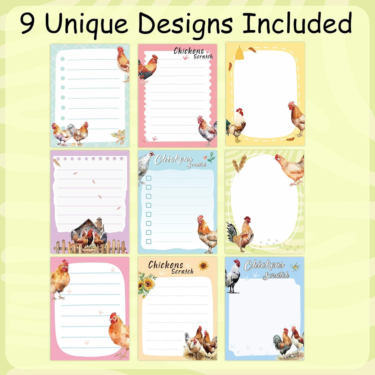 9 Pack Funny Chicken Sticky Notes Set, 450 Sheets Farm-Themed Self-Stick Notepads with Cute Hen and Rooster Designs, Country Gifts for Women Chicken Lovers or Office Use