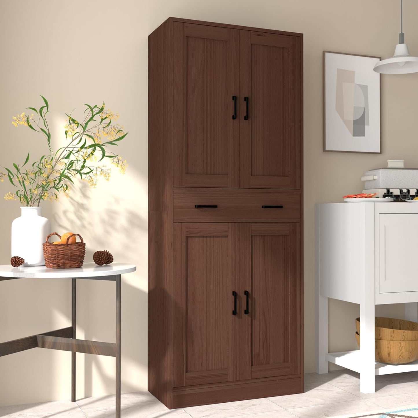 Brown Kitchen Pantry, 71" Tall Storage Cabinet with Doors and Drawer for Kitchen, Hallway, Office