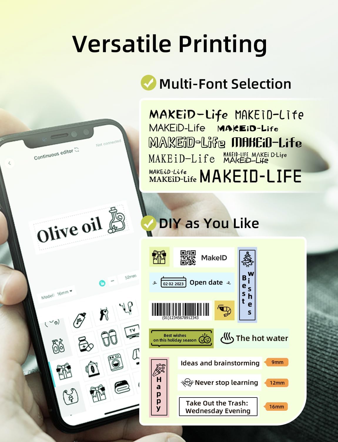 Makeid L1 Label Maker Machine with Tape - Portable & Rechargeable Label Makers Compatible with 9 12 16mm Waterproof Tape - Mini Bluetooth Labeler for Organizing Office Home School (Green Tape)