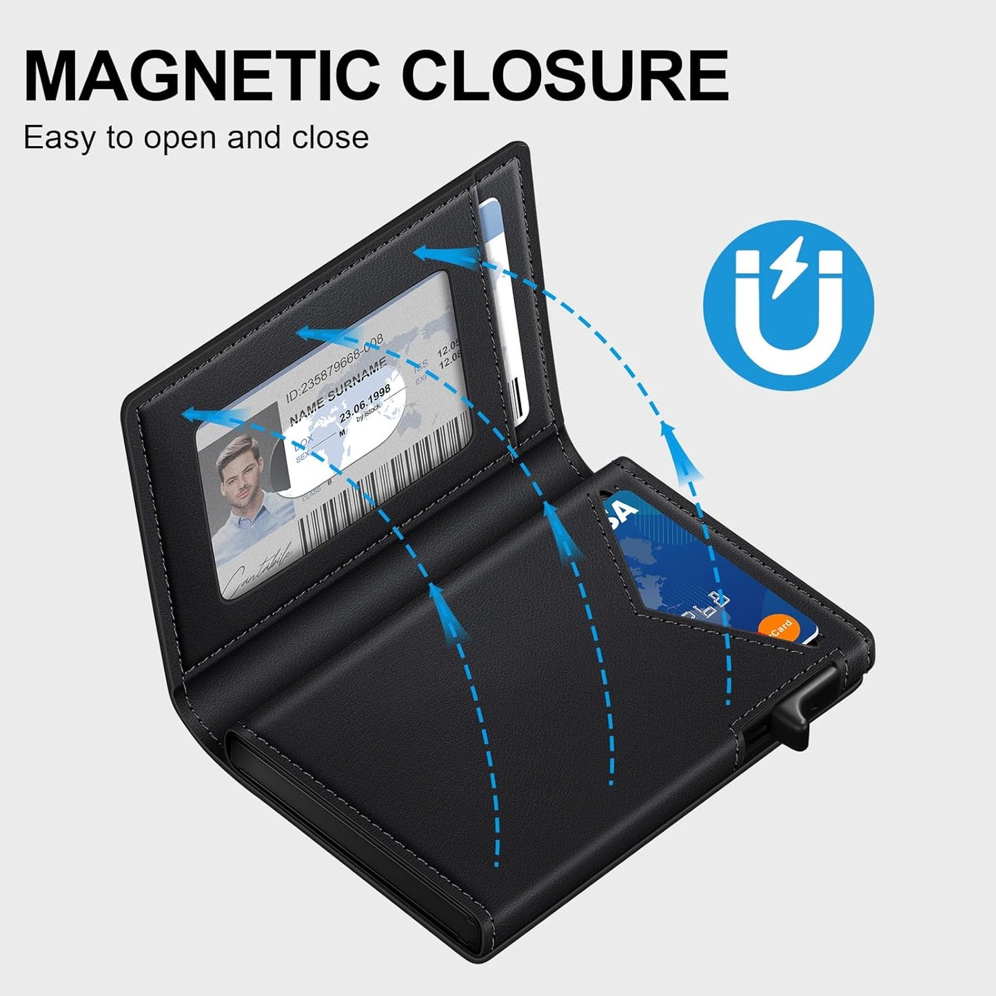 Wallet for Men, RFID Wallet with Money Clip & ID Window, Minimalist Pop Up Credit Card Case Holder 10-12 Cards, Bifold Slim Smart Wallet for Front Pocket, Compact Metal Wallets, Gifts for Men, Black