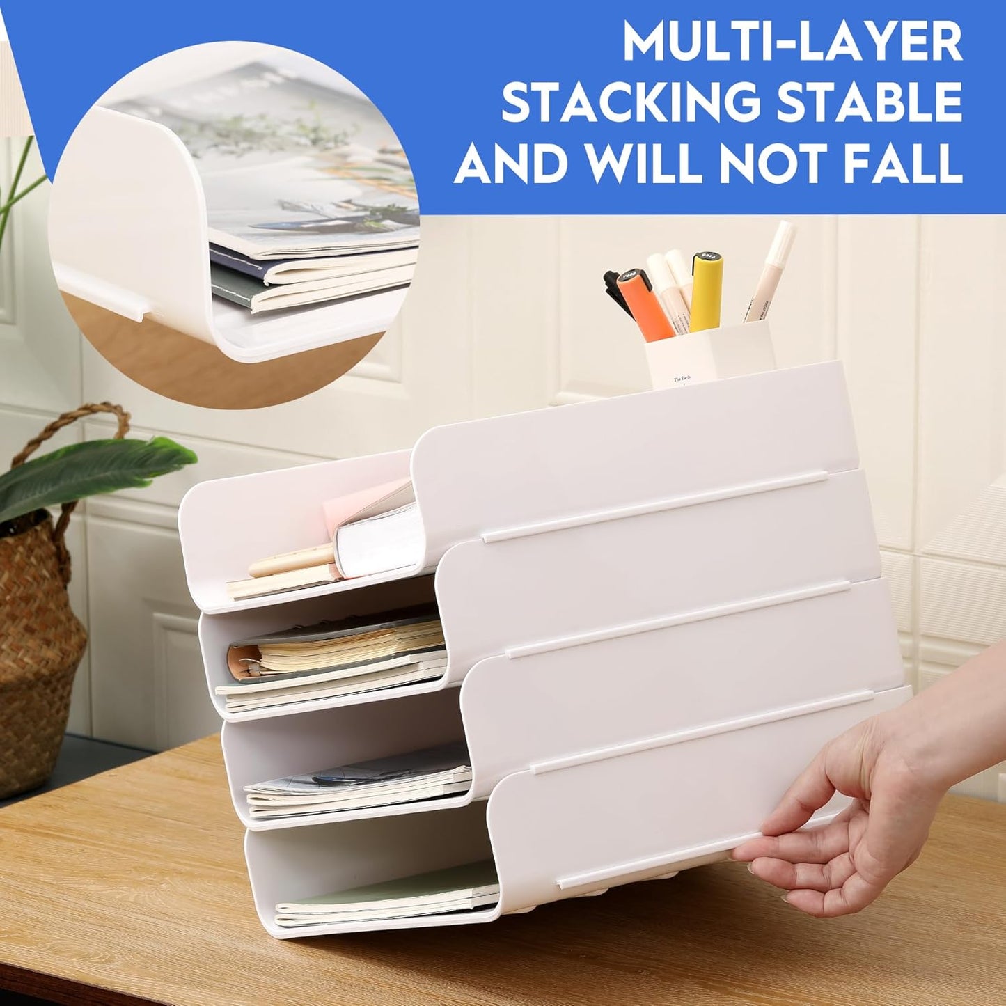 Set of 4 Office Organization and Storage, Clear PET Letter Tray Desk Organizer, Stackable Document Organizer, Office Supply Organizer for Notes, Pens, File Paper, Desk, White