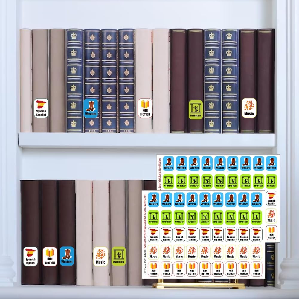 Genre Book Spine Labels for Library | Classroom Library Classification Stickers 450pcs | Nonfiction,Western,Mythology,Spanish,Music