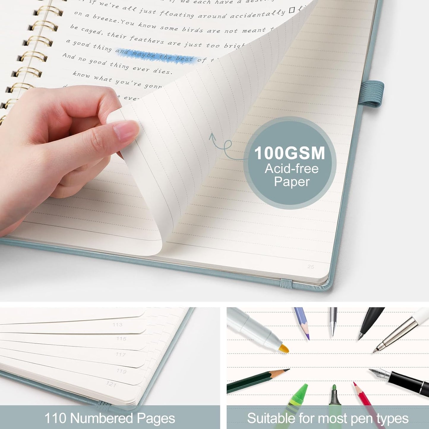 AHGXG Lined Spiral Notebook 8.5" x 11", A4 Large Notebooks for Women Men, Hardcover Leather Notebook College Ruled, 100 GSM Thick Paper, Notebooks for Work School Note Taking Writing, GrayBlue