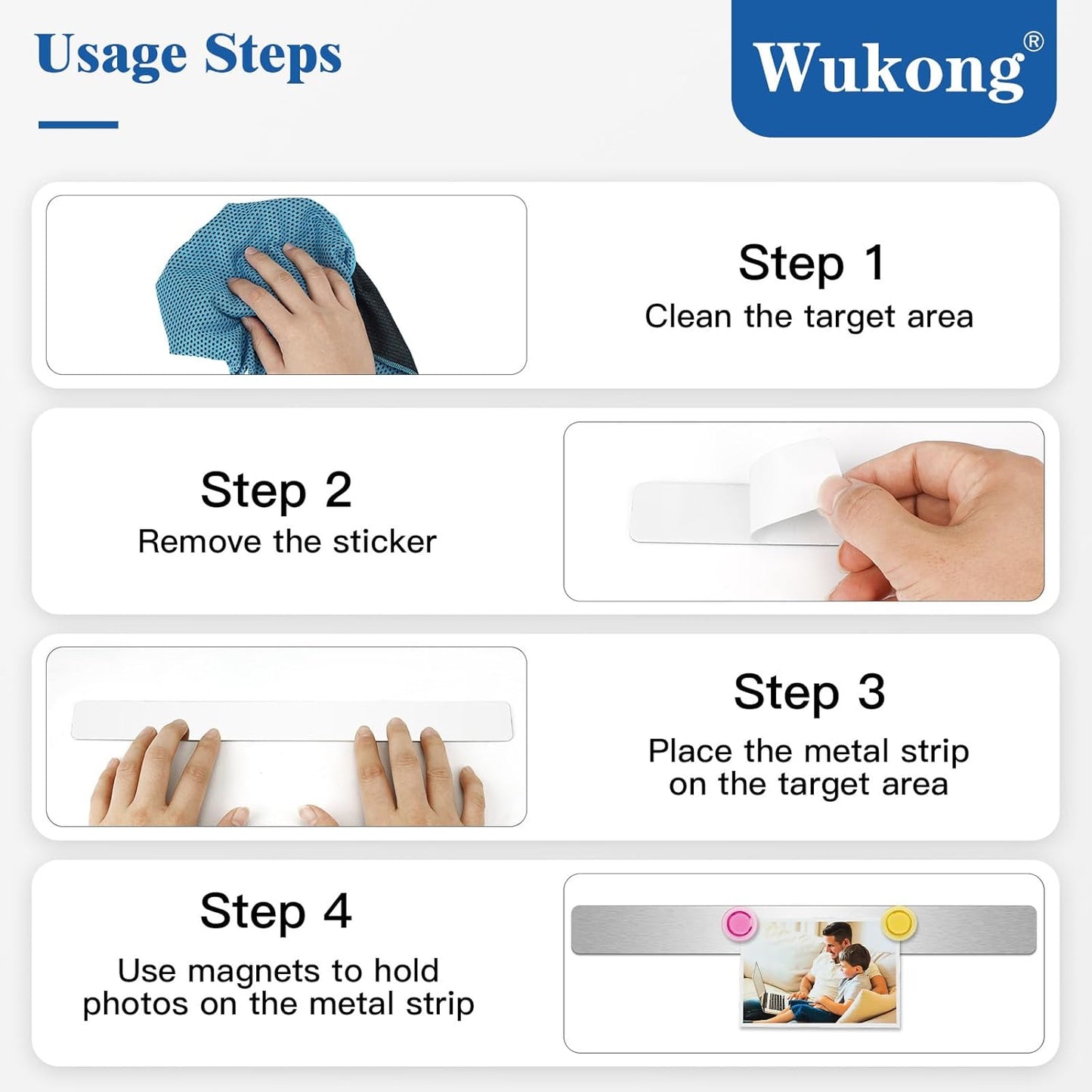 Wukong 4 Pack | 30x3cm(11.81 x 1.18) Magnetic Stainless Silver Boards Strips, Adhesive Backing Bulletin Bar Board, Memo Board with 16Pcs Colorful Magnets for Office, Home, Photo Wall, Document