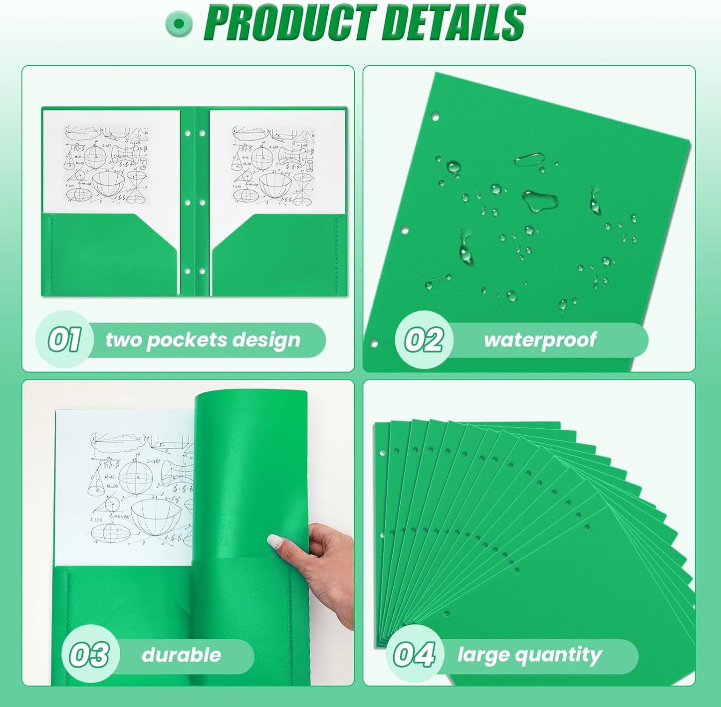 Yeaqee 100 Pcs Plastic Folders with Pockets Bulk 3 Hole Punched 2 Pocket File Folders for 3 Ring Binder Divider Folder for Notebooks, Durable Poly for Office Home (Green)