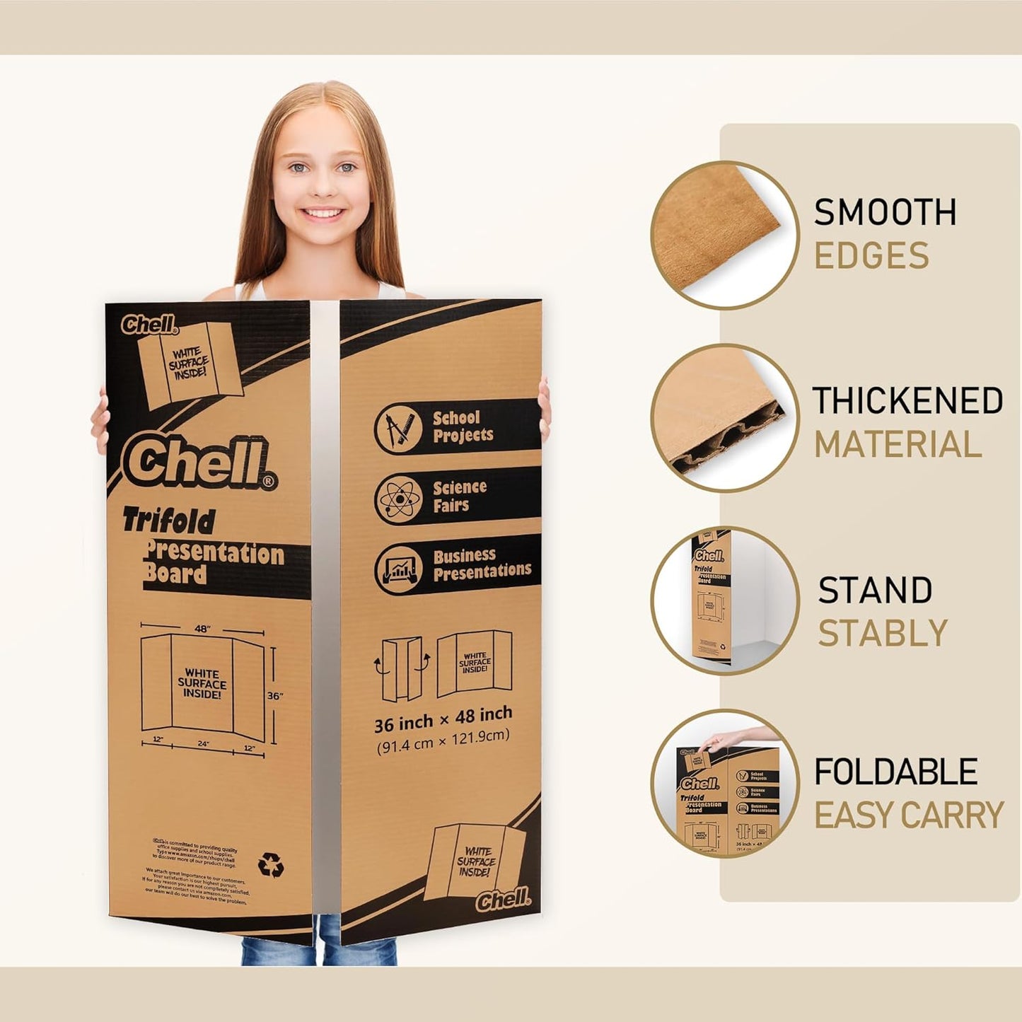 Chell 36" x 48" Large Trifold Poster Board, 2 Pack, White Corrugated Project Boards for Science Fair, School Projects, Event Displays and Business Presentations