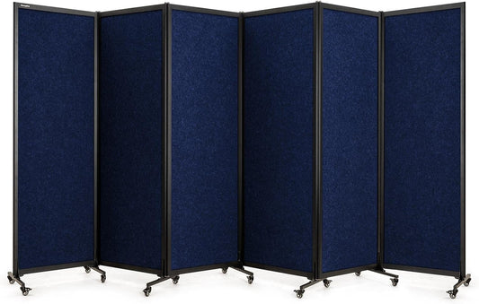 Upgrade Version Room Partition and Divider, Freestanding Rolling Dividers with Wheels,Office Privacy Screen Divider Wall,Classroom Felt Dividers,12'2"L* 6'7"H,6 Panel，Blue