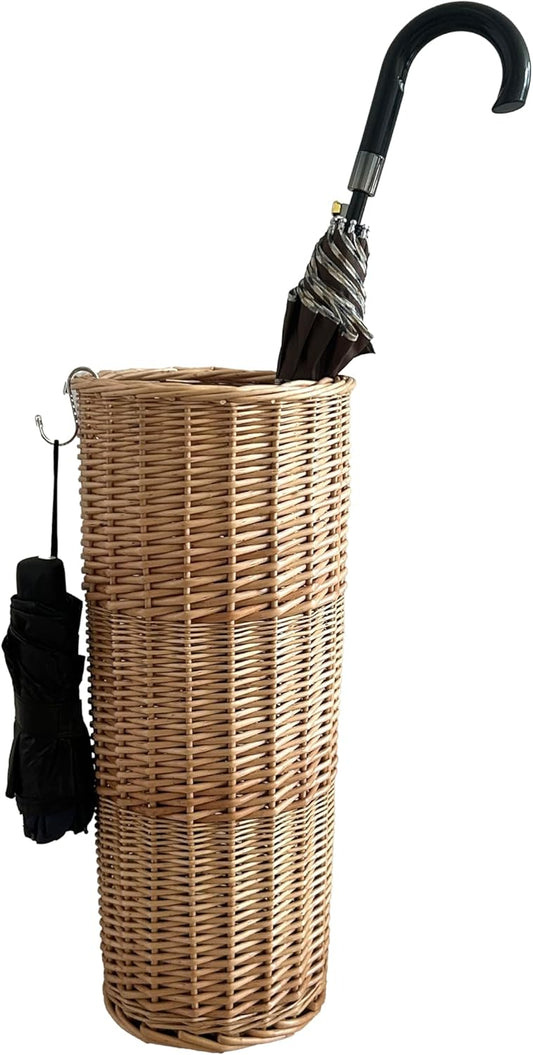 Wicker Umbrella Stand, Umbrella Holder for Entryway with Detachable Drip Tray and 2 Metal Hooks, Storage for Umbrellas & Canes, 9.4L x 9.4W x 21.2H, Home Decor.