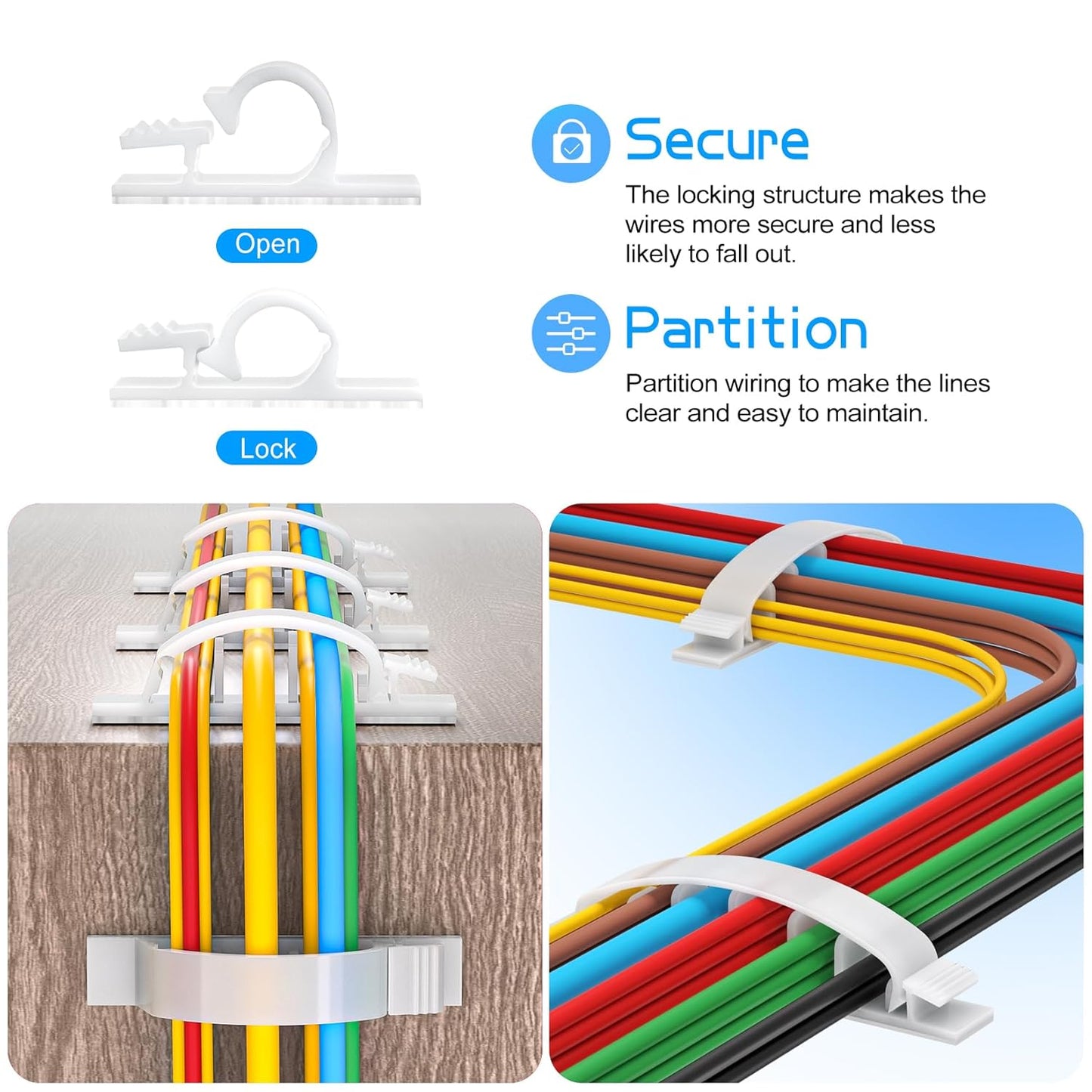 XHF 30pcs Adhesive Cable Wire Clips Kit White, Outdoor Cable Management Wire Organizer Cord Holder for Under Desk, Car, Wall, TV PC Ethernet Cable