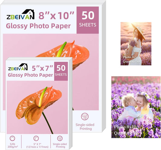ZBEIVAN Photo Paper 5x7, 8x10 inch, Glossy Photo Papers 100 Sheets, 200 GSM Paper for Printer (50 Sheets of each size 5x7, 8x10)