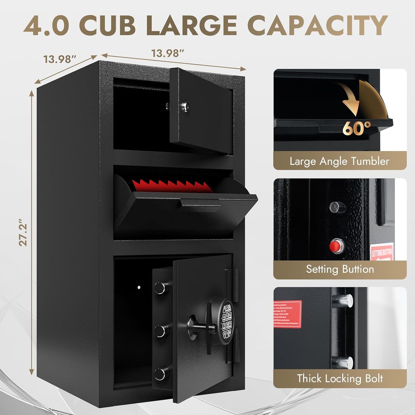 Business Safe Box with Drop Slot, Heavy Duty 4.0 Cu Ft Depository Drop Safe Money Safes Digital Combination Anti-Fishing Deposit Safes for Home Office Hotel Cash Slips Expense