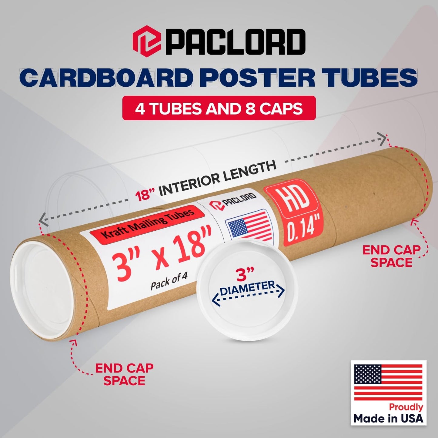 3" x 18" Heavy-Duty Reinforced Cardboard Mailing Tube, Pack of 4 Tubes with 8 Caps – Secure USPS Approved – Great for Shipping and Storing of Prints, Artwork, Posters or Documents