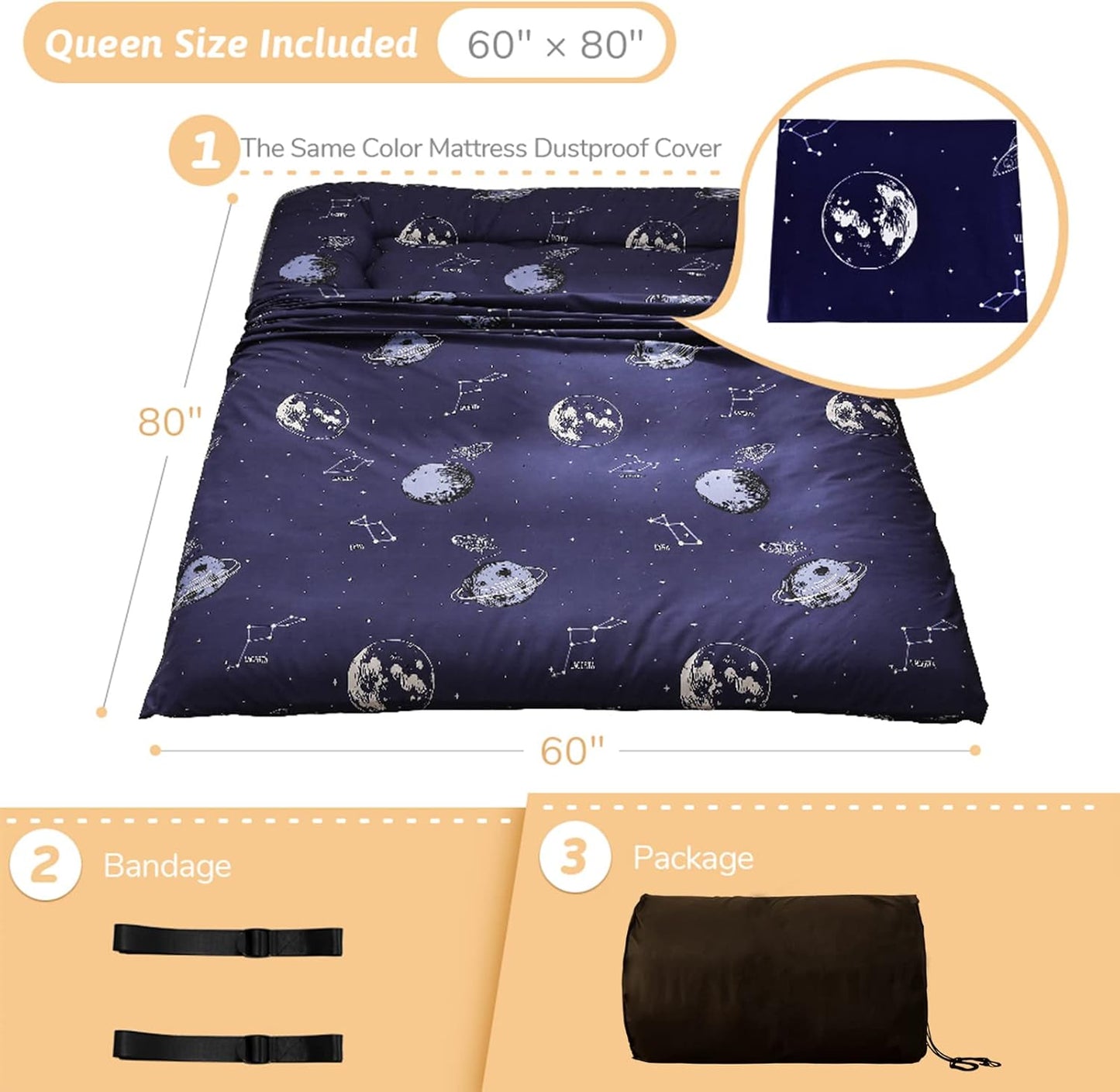 Navy Space Adventure Japanese Floor Futon Mattress, Thicken Tatami Mat Sleeping Pad Foldable Bed Roll Up Mattress Floor Lounger Bed Couches and Sofas for Kids Queen Size