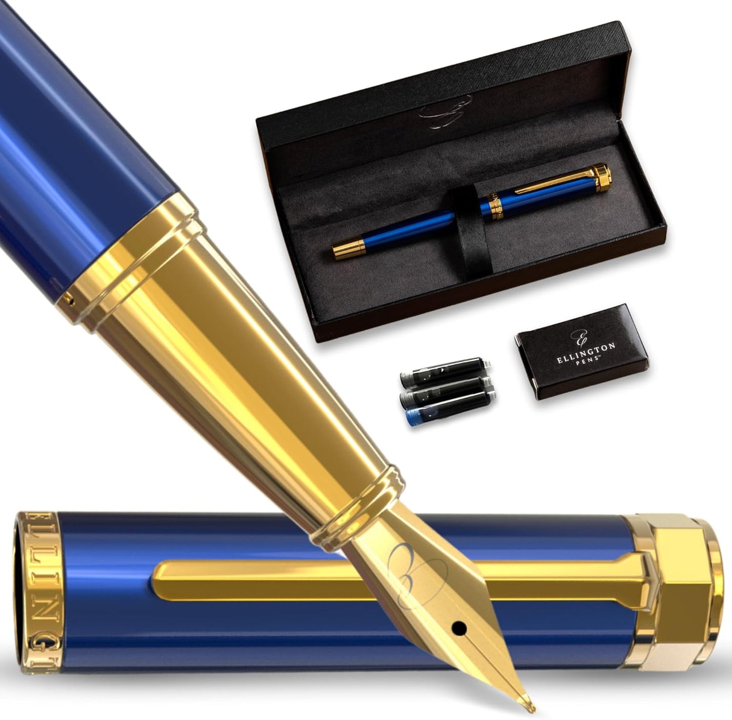 Luxury Fountain Pen Set- Fountain Pens for Writing - Smooth Medium Nib - Includes Refillable Ink Converter, 3 Ink Cartridges [Black & Blue], Gift Box - Elegant Calligraphy