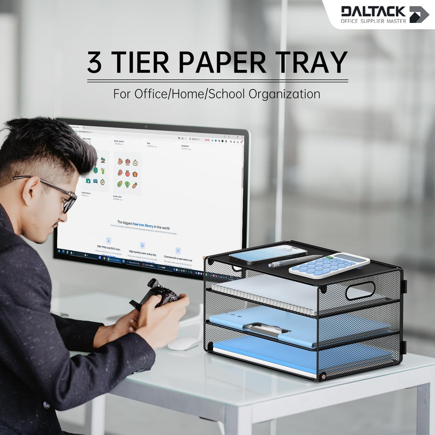 DALTACK 3 Tier Letter Tray Paper Organizer with Handle, Mesh Desk File Organizer, Paper Tray Desk Organizer for School Office Home, Metal Mesh, Black