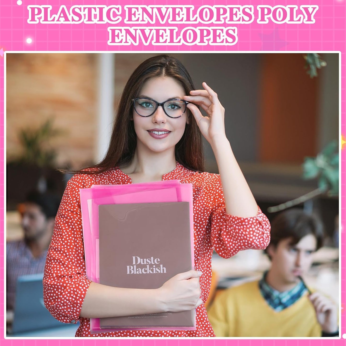 Yeaqee 50 Pcs Plastic Envelopes Poly Envelopes File Folders with Snap Button Closure Clear Folders for Documents US Letter A4 Size Filing Holder with Label Pocket for Home Office School(Pink)