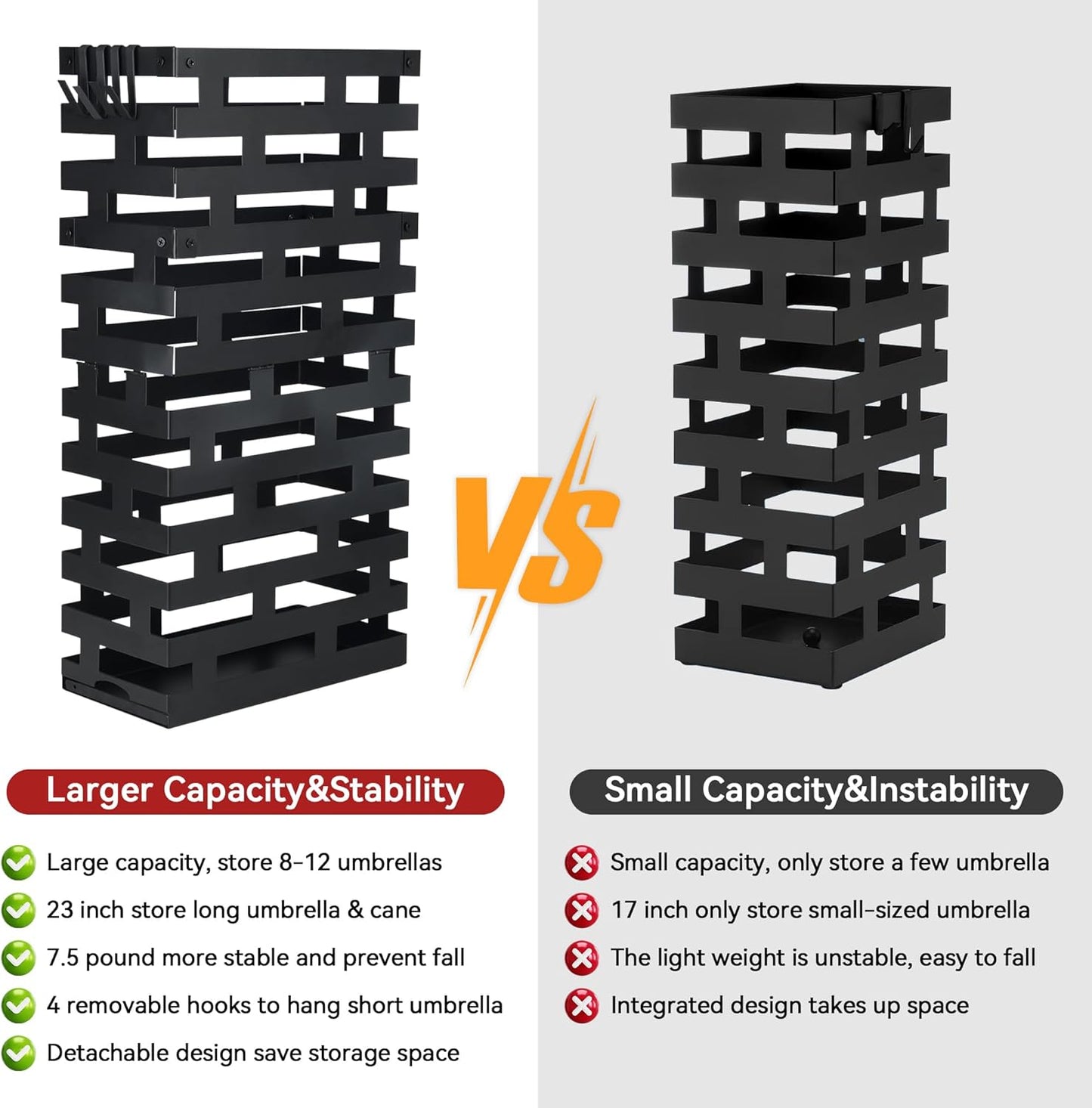 23 Inch Umbrella Holder for Indoor Entryway, Large Metal Umbrella Stand with Removable Water Tray and Hooks, Umbrella Rack Storage for Home, Office, Hotel