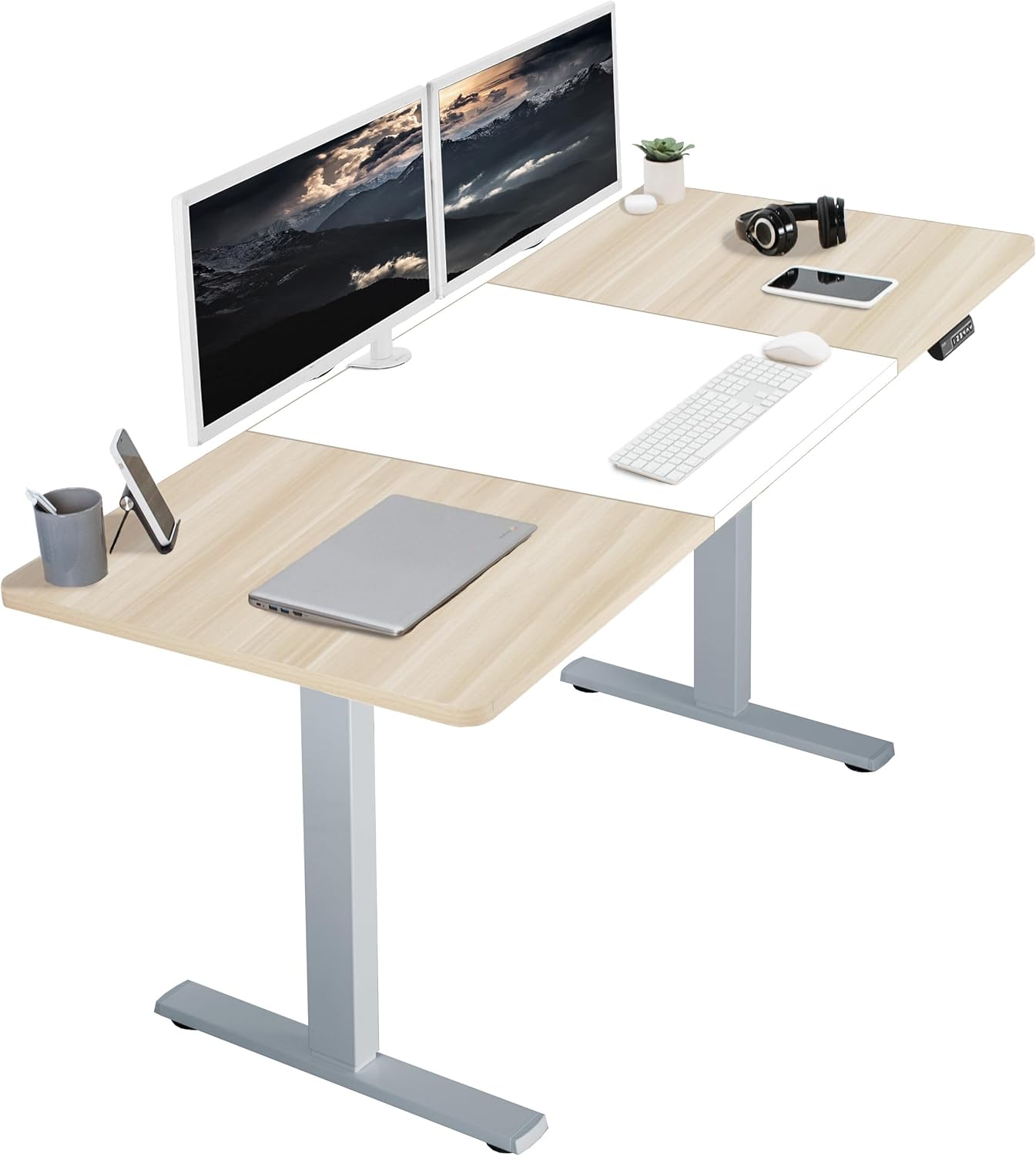VIVO Electric 71 x 30 in Standing Desk, Memory Height Adjustment, 1B Series, White and Light Wood, Top Gray Frame, DESK-KIT-1G7WC