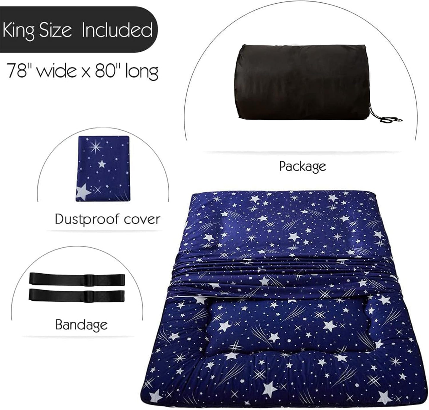 Navy Starry Sky Japanese Floor Futon Mattress, Tatami Mat Portable Camping Mattress Kids Sleeping Pad Foldable Roll Up Floor Lounger Couch Bed, King Size