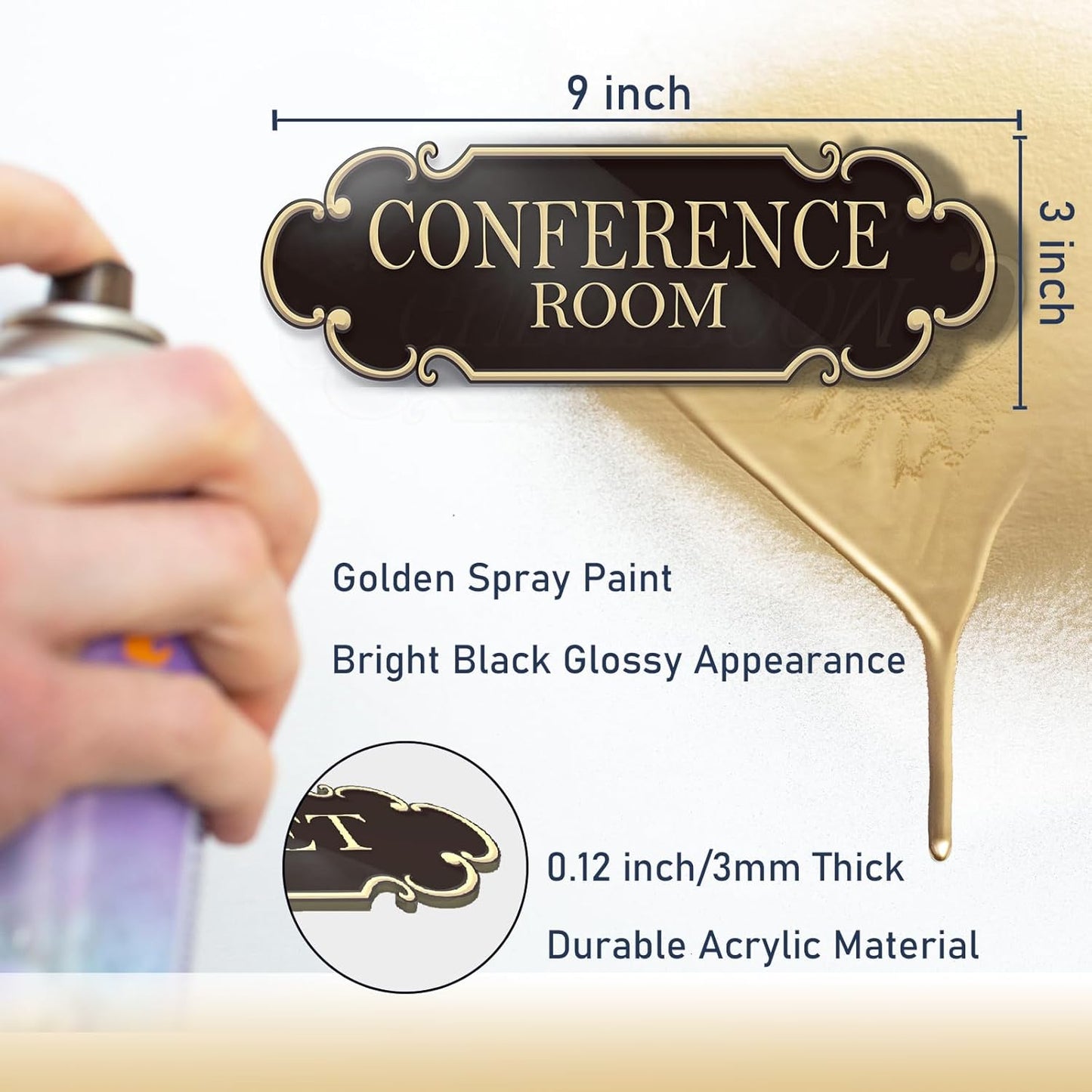 9x3 Inch Conference Room Sign Black Gold Self-stick Doorplate for Offices Businesses Restaurants House Room