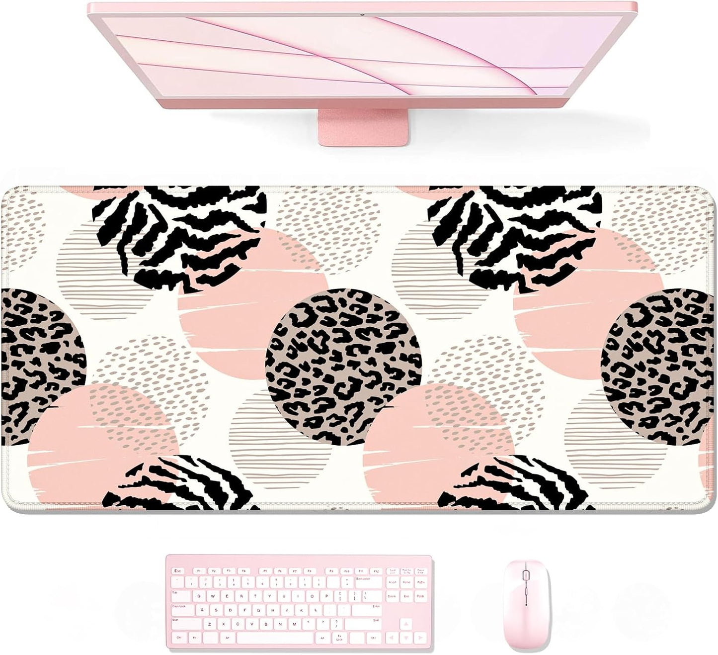 Auhoahsil Large Mouse Pad, XXL Gaming Mousepad, Desk Mat for Desktop, Thick Rubber, Big & Long Size, Stitched Edges, Full Desk Pad for Laptop & Computer, Extended 35.4 x 15.7 in, Pink Dots Leopard